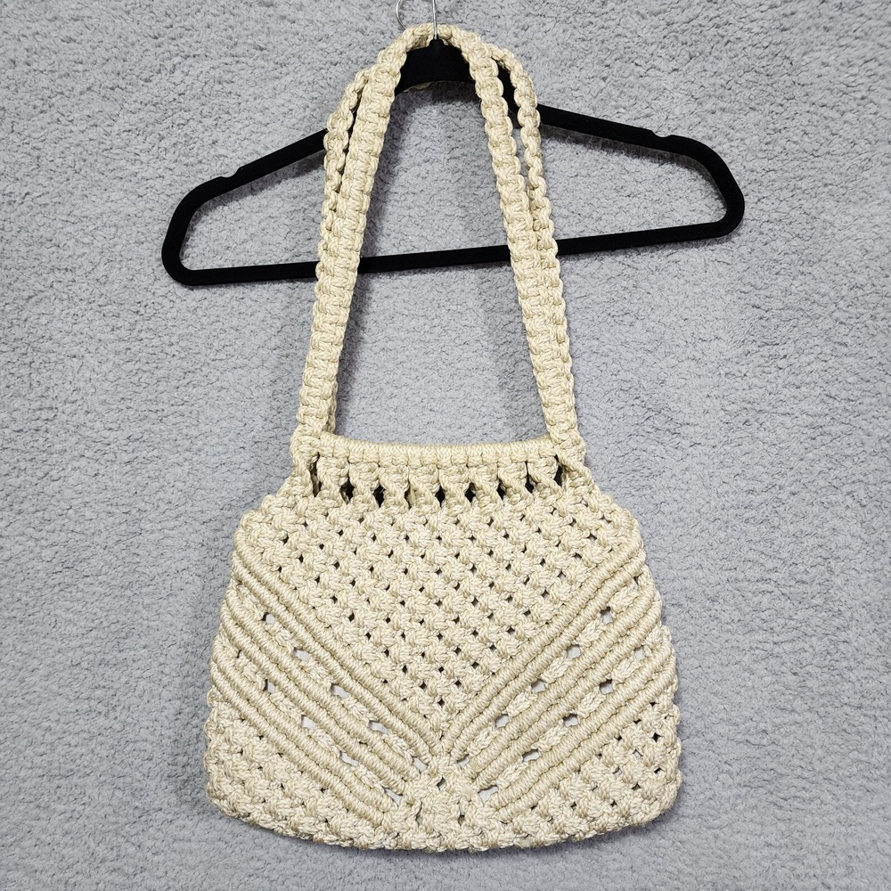 Vintage 1970s Macrame Womens Purse Bag Cream Boho Lined Pockets